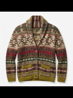 Eddie Bauer Shawl Collar Fair Isle Cardigan - Olive, Red, Cream